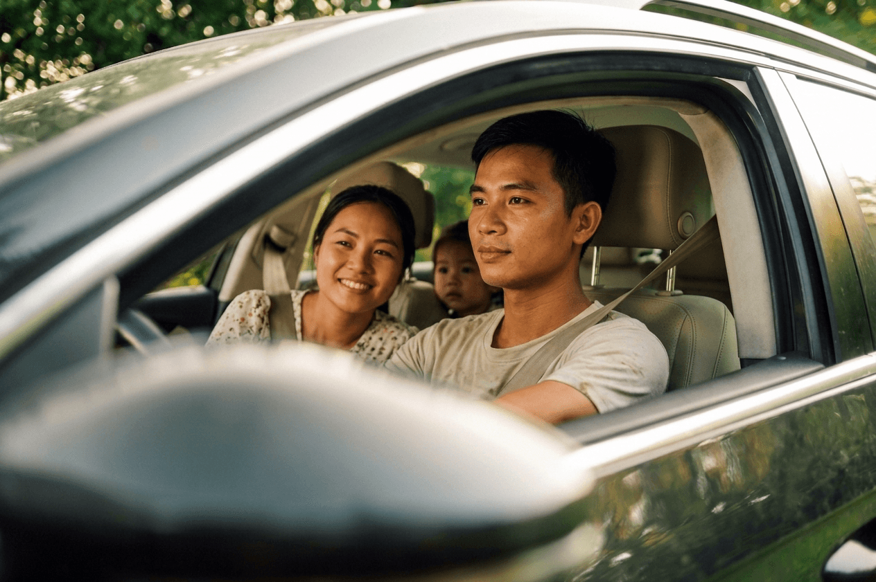 Junge Familie sicher gemeinsam im Auto unterwegs